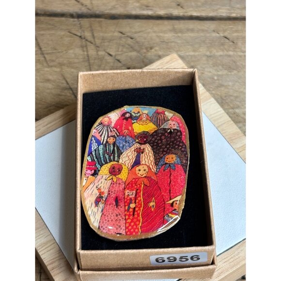 Handmade Colorful Folk Art Brooch Pin With Glossy Finish Women In Traditional Ou - Picture 1 of 6
